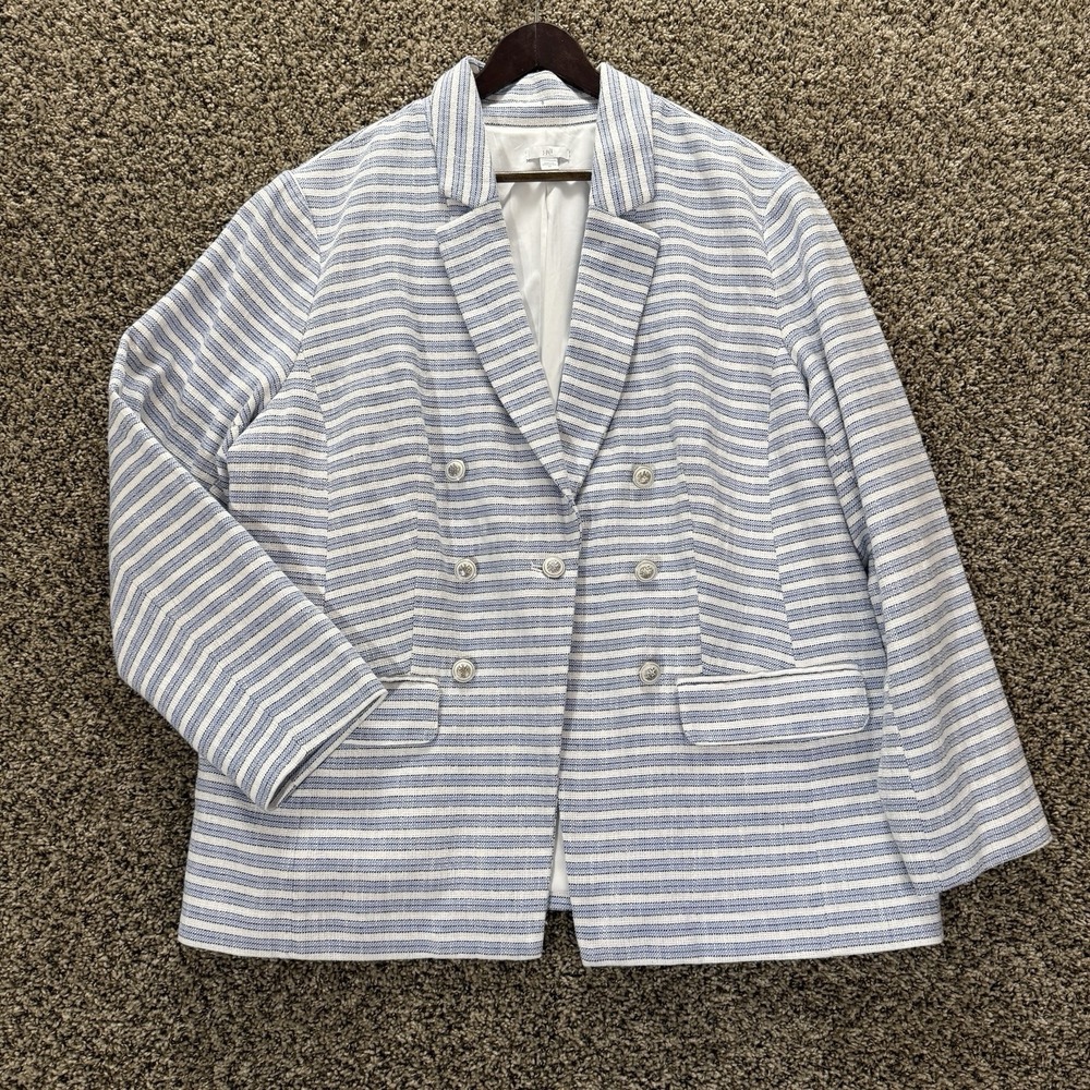 J.Jill Double-Breasted‎ Striped Blazer 2X Blue White Coastal Grandma Chic Resort